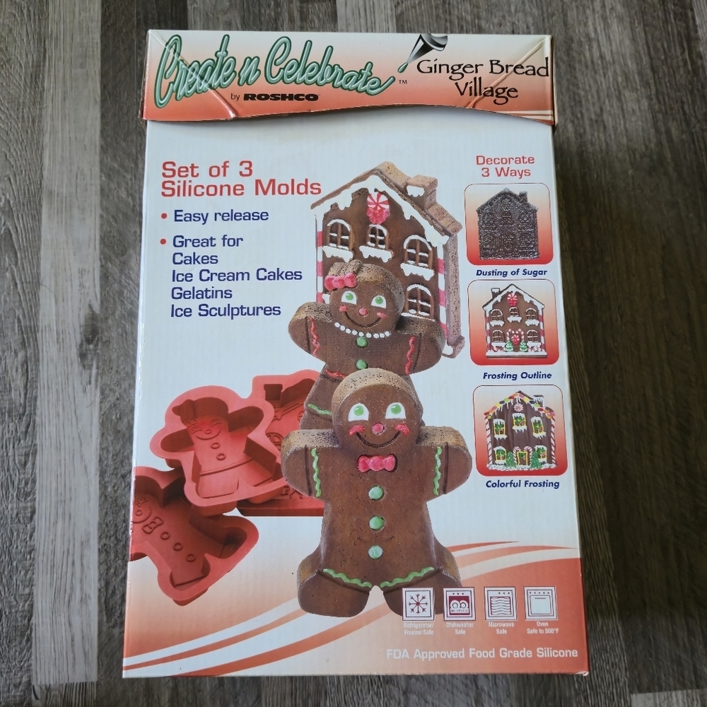 ​ROSHCO NIB Silicone Gingerbread Village Baking Molds Set of 3